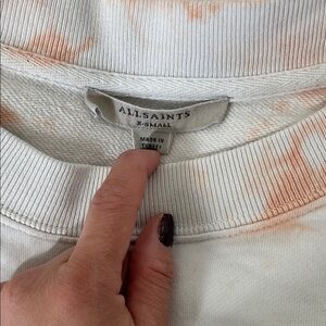 AllSaints White Crewneck Sweater with Faded Orange Tie-Dye